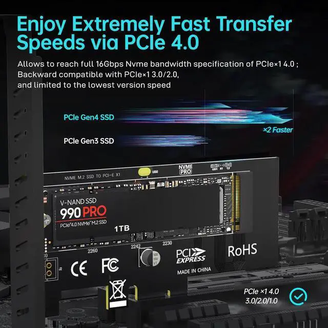 Alt view image 2 of 7 - M.2 NVME SSD to PCIe 4.0 x1 x4 Adapter Card, 2280 SSD PCIE X1 X 4 Expansion Card for Desktop PC, PCI-E GEN4 16Gbps Full Speed SK1 SK4 N/A