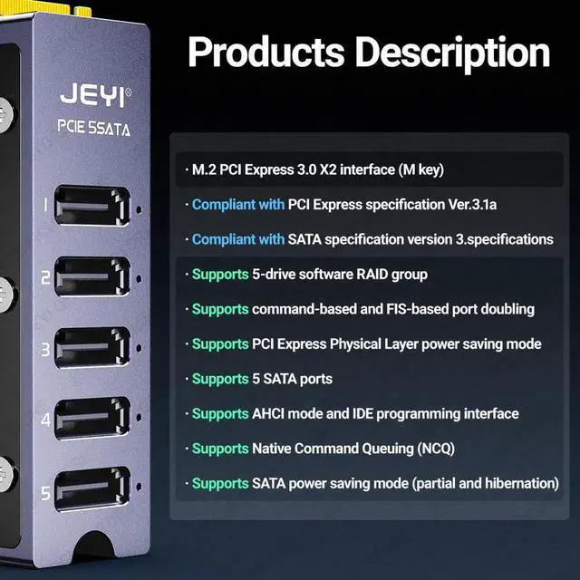 Alt view image 5 of 6 - NVMe M.2 to 5 Sata Adapter, Internal 5 Port Non-RAID SATA III 6GB/s NVMe Adapter Card for Desktop PC Support SSD and HDD