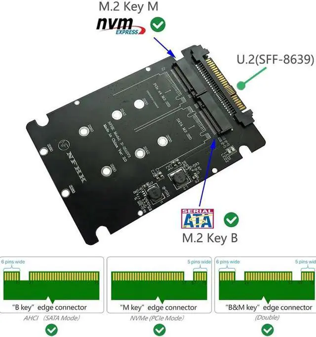 Alt view image 5 of 6 - NVME Adapter Riser M.2 SSD to U.2 Adapter 2in1 M.2 NVMe + M.2 SATA NGFF SSD to PCI-e U.2 SFF-8639 Adapter PCIe M2 Converter Card