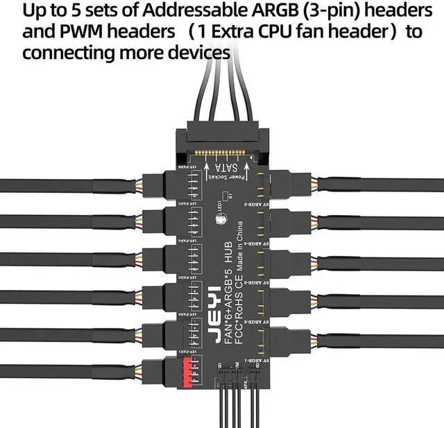 Alt view image 7 of 7 - ARGB PWM 5 Way Fan Hub, Addressable 12V 4Pin PWM & 5V 3Pin ARGB 2-in-1 Hub, RGB Fan, RGB Strip Splitter