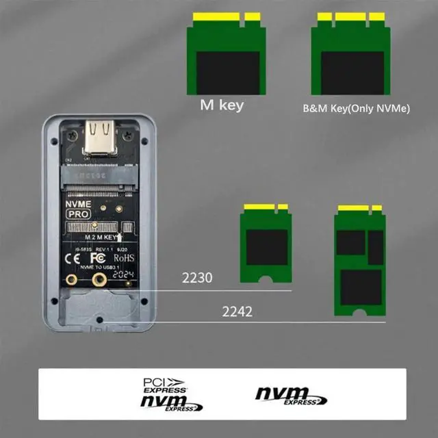 Alt view image 3 of 7 - 2230 2242 M.2 NVMe SSD Enclosure to USB3.1 Type-A Type C Gen 2 M2 SSD Case 10Gbps External Box for NVMe Black Grey