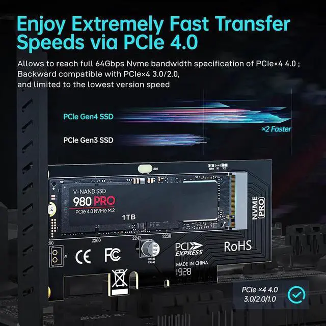 Alt view image 5 of 7 - PCIe to NVMe Adapter With Aluminum SSD Heatsink Cooler, 64Gbps M.2 ssd Gen4 PCIe 4.0 X4 X8 X16 Expansion Card for Desktop