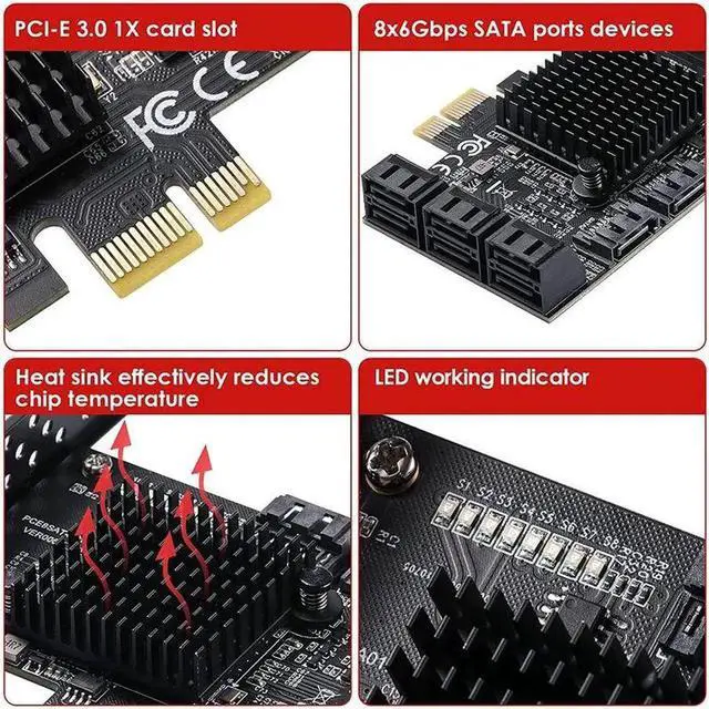 Alt view image 2 of 7 - PCIe to 8 Port SATA Expansion Card SATA3 3 6Gb HDD SSD Adapter PCI E Express X1 Controller Extension Riser for Mining