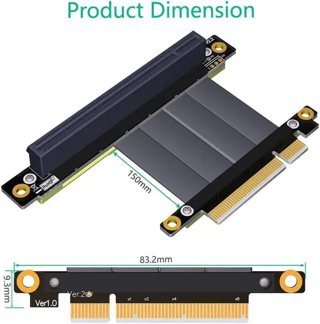 Alt view image 3 of 6 - PCI Express PCIe 3.0 x8 to x16 Riser Card Extension Cable 8Gbps High Speed PCI Express 16x Ribbon Extender 90 Degree Right Angle Gold