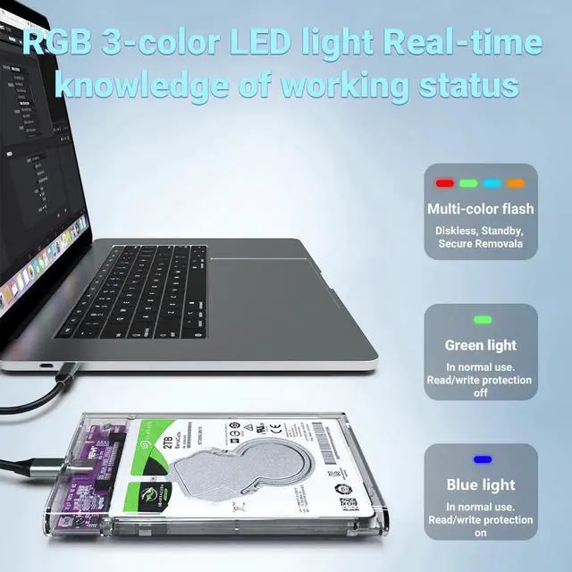 Alt view image 6 of 7 - 2.5" Hard Drive Enclosure Clearly Case USB 10Gbps to SATA III/II/I External Hard Disk Case for 9.5/7mm HDD SSD Support UASP