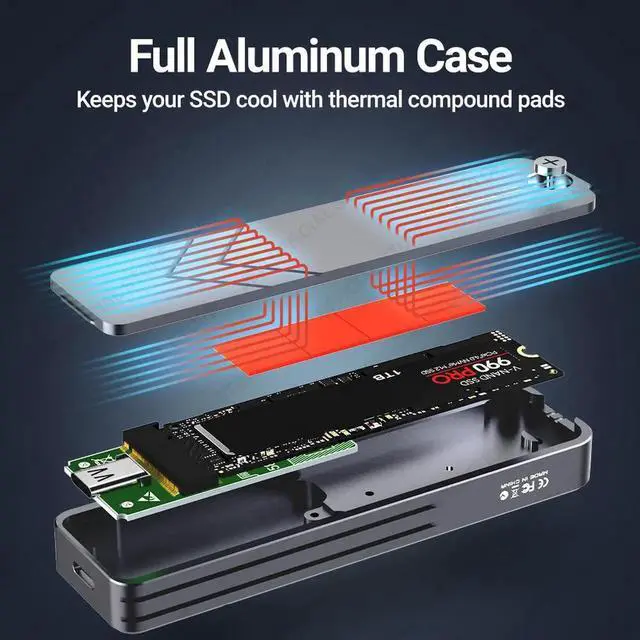 Alt view image 6 of 7 - M.2 NVMe SATA SSD Enclosure, USB 3.2 Gen 2 10Gbps or 6Gbps NGFF M-Key B-Key External Aluminum M.2 Case Support Trim UASP