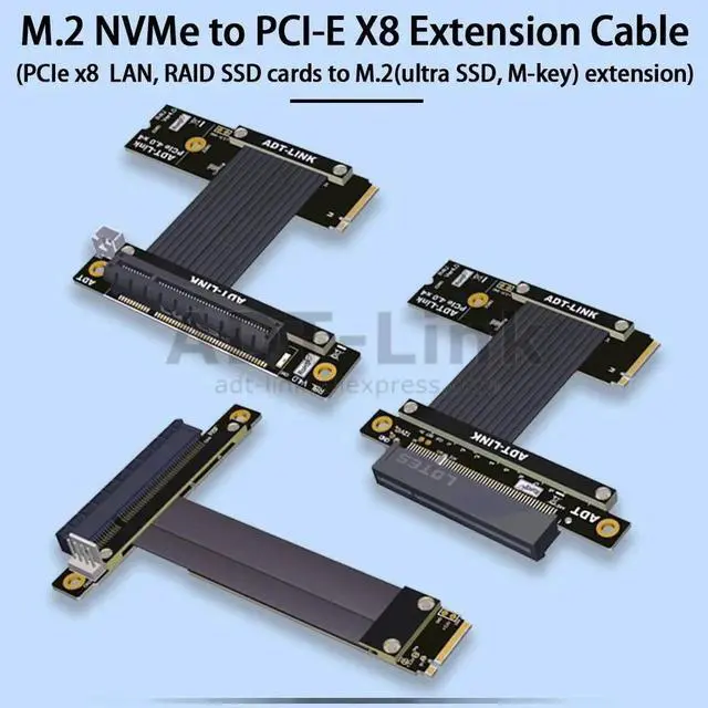 Alt view image 4 of 7 - M.2 M-key NVMe To PCI Express 3.0 4.0 X8 Riser Cable with SATA Cable for PCIe 8x LAN, RAID SSD Cards M2 ultra SSD