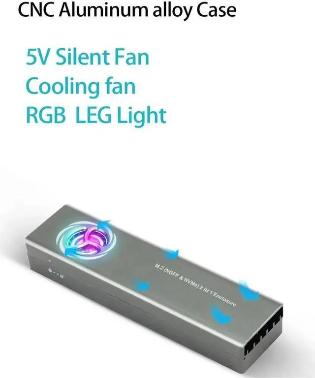 Alt view image 2 of 7 - Dual Protocol M.2 SSD NVMe SATA Case Support M2 NVMe NGFF Sata SSD Hard Drive with Fan For PCIe M Key/B+M Key USB C 10Gbps Box Silver