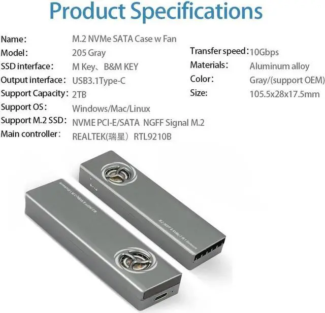 Alt view image 6 of 7 - Dual Protocol M.2 SSD NVMe SATA Case Support M2 NVMe NGFF Sata SSD Hard Drive with Fan For PCIe M Key/B+M Key USB C 10Gbps Box Silver