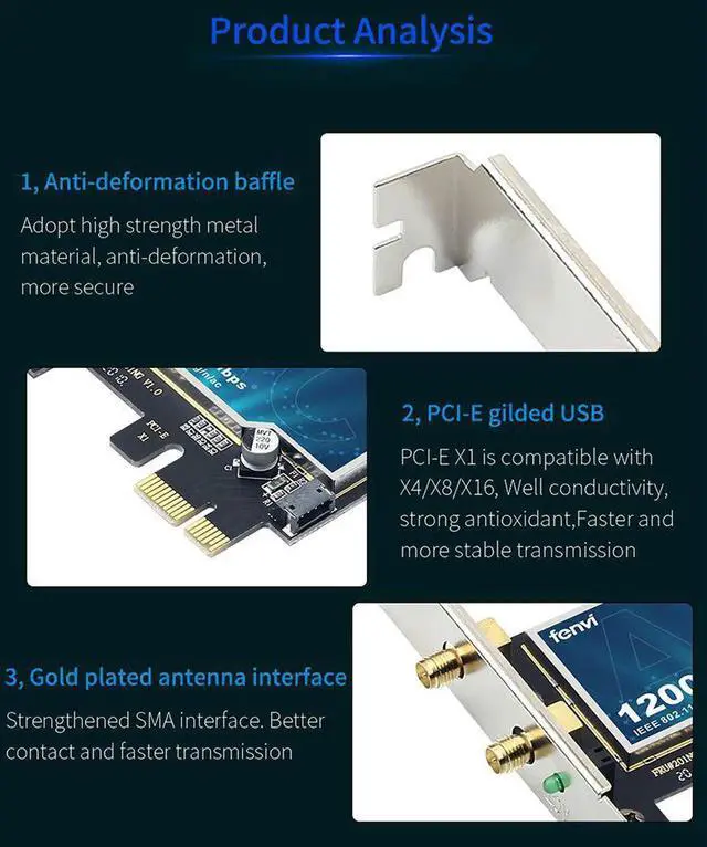 Alt view image 3 of 7 - Dual Band AC 1200Mbps Wireless Bluetooth WiFi Card WiFi PCIe Network Adapter 5GHz/2.4GHz PCI Express Network Wlan BT4.0