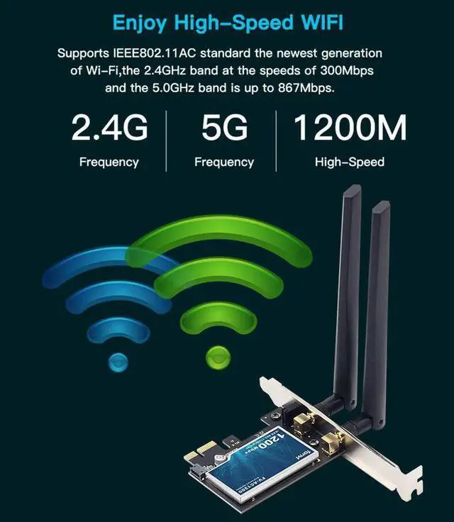 Alt view image 6 of 7 - Dual Band AC 1200Mbps Wireless Bluetooth WiFi Card WiFi PCIe Network Adapter 5GHz/2.4GHz PCI Express Network Wlan BT4.0