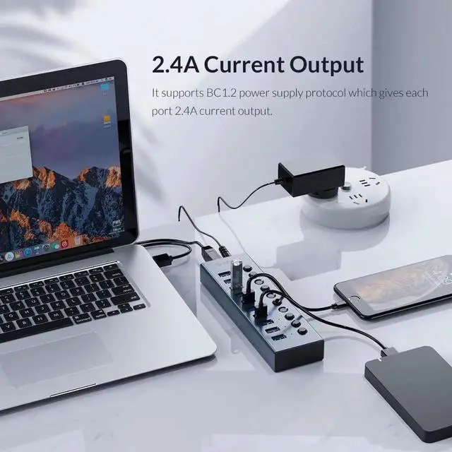 Alt view image 5 of 7 - Industrial USB 3.0 HUB 7/10 Port Aluminum USB Splitter On/Off Switch With 12V Power Adapter Support Charging for Computer