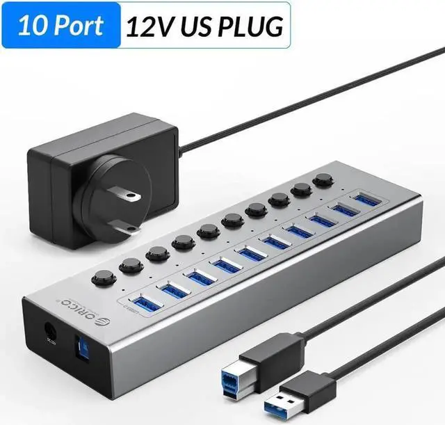 Main image of Industrial USB 3.0 HUB 7/10 Port Aluminum USB Splitter On/Off Switch With 12V Power Adapter Support Charging for Computer