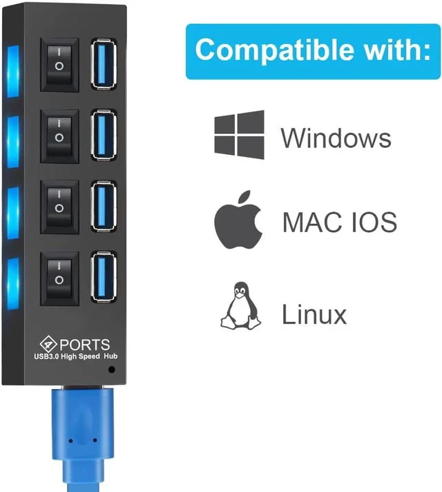 Alt view image 3 of 7 - USB 3.0 Hub 7 Port USB Hub 3.0 Multi USB Splitter 3 Hab Use Power Adapter 7 Ports Multiple Expander USB3.0 Hub with Switch for PC