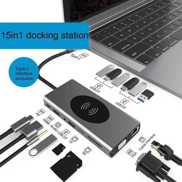 Main image of 15 in 1 USB HUB Multi Function USB Type-C Adapter Docking Station With Wireless Charging HDMI USB Ports USB-C Dock Compatible