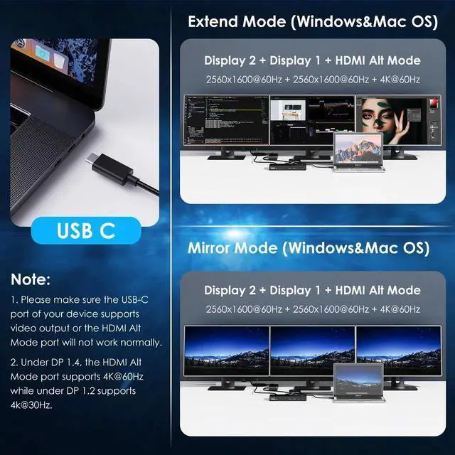 Alt view image 3 of 7 - Wavlink USB C Triple Monitor Docking station With 100W Laptop Charging, 10Gbps USB for Thunderbolt 3/4, Mac M1/M2/M3, USB4, Windows (3 HDMI, 2 DisplayPort, 2 USB-C, 4 USB3.1, Ethernet, Audio&Mic)