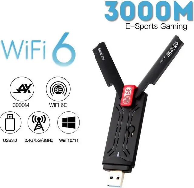 Main image of 3000Mbps WiFi 6E Adapter USB 3.0 Tri Band 2.4G/5G/6GHz WiFi Receiver Dongle USB Wlan Receiver For Laptop/PC Win10/11 Driver Free