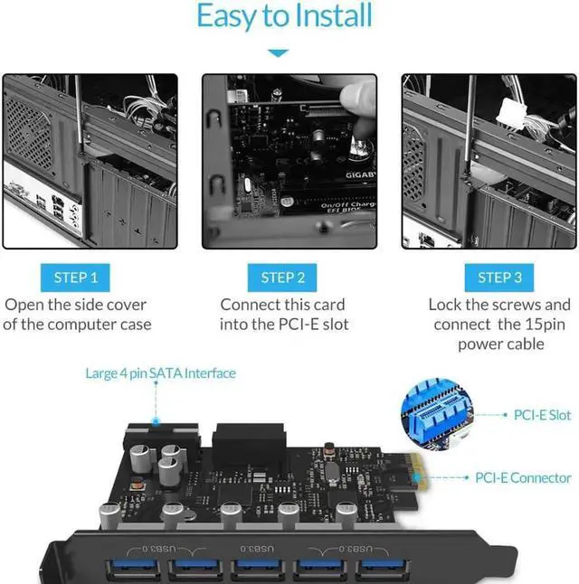 Alt view image 3 of 7 - USB 3.0 PCI-E Expansion Card 5 Ports Hub Adapter External Controller Express Card with 4-pin Power Connector Cord