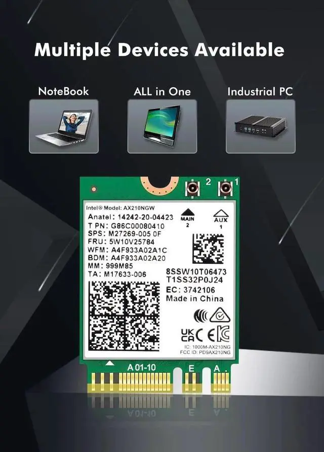 Alt view image 6 of 7 - Dual Band Intel AX210 Wireless 2.4Gbps Bluetooth 5.3 802.11AX Wireless Wi-Fi 6 AX210 For Intel AX210NGW M.2 NGFF Wlan WiFi Card