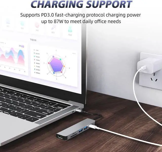 Alt view image 5 of 7 - Type-C to HDMI USB3.0 PD HUB 4 in 1 Adapter USB-C to HDMI-Compatible TF SD Slot PD Charger Splitter for Macbook Laptops Type-C Hub