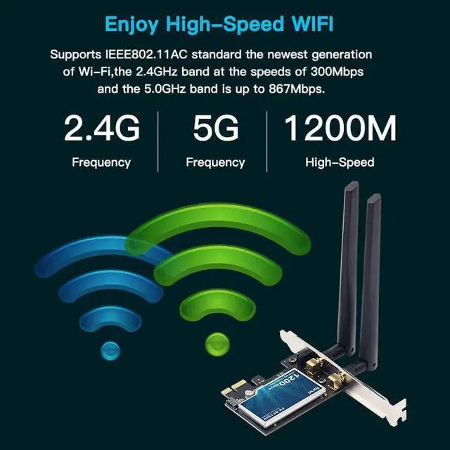 Alt view image 5 of 7 - Dual Band 1200Mbps 802.11ac Wireless PCI-e Desktop PCI Express Wlan Wifi Adapter Wi-Fi + Bluetooth 4.0 Network for Win7 8 10
