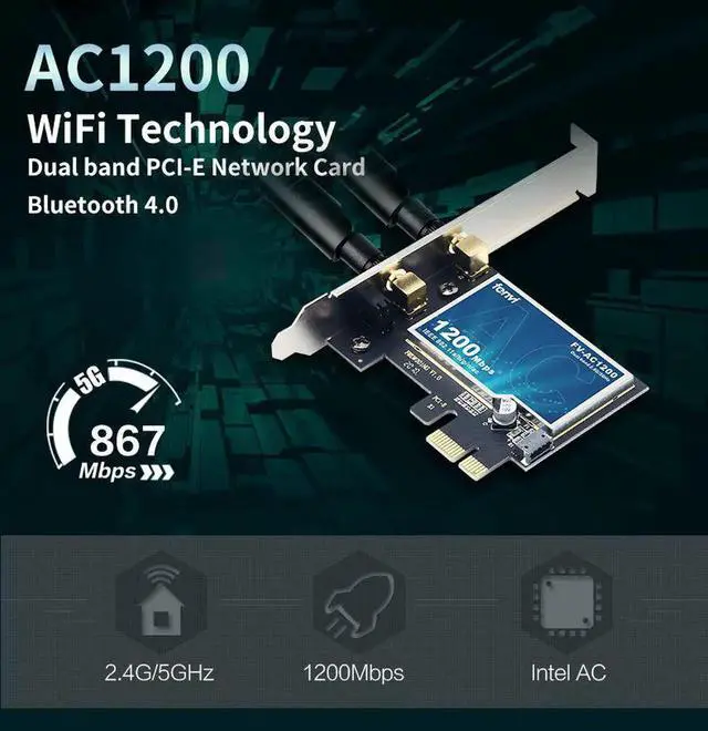 Alt view image 7 of 7 - Dual Band 1200Mbps 802.11ac Wireless PCI-e Desktop PCI Express Wlan Wifi Adapter Wi-Fi + Bluetooth 4.0 Network for Win7 8 10