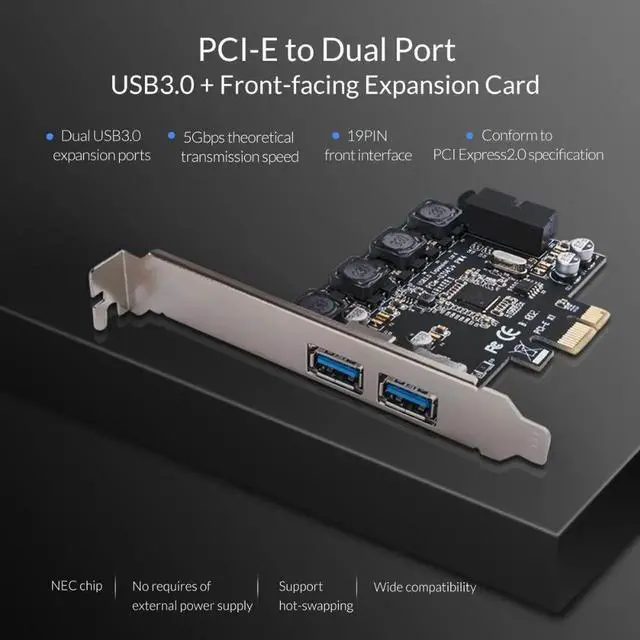 Main image of 2 Port USB 3.0 PCI-E Express card PCIE to USB3.0 hub 19pin Front-facing Expansion Card 5Gbps Super High Speed Adapter