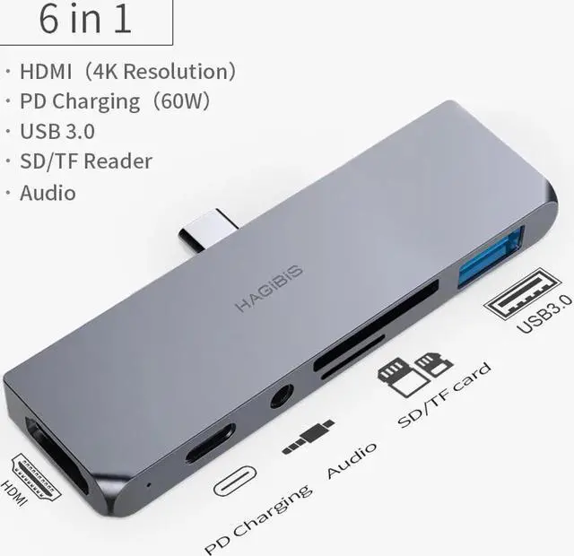 Main image of USB C HUB TYPE-C to HDMI-compatible Adapter 3.5mm Audio PD Charging USB 3.0 Port Converter for iPad Pro Macbook Laptop 6 Ports