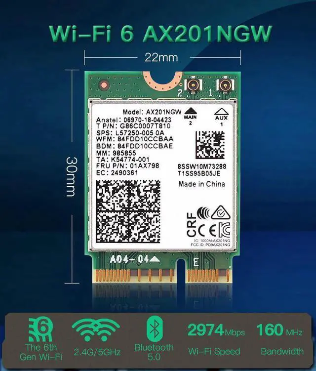 Alt view image 6 of 7 - 3000Mbps Bluetooth 5.0 Wireless AX201NGW Wifi Desktop Kit Antenna For NGFF/M.2 CNVIo2 Intel AX201 Wi-Fi6 Network Card