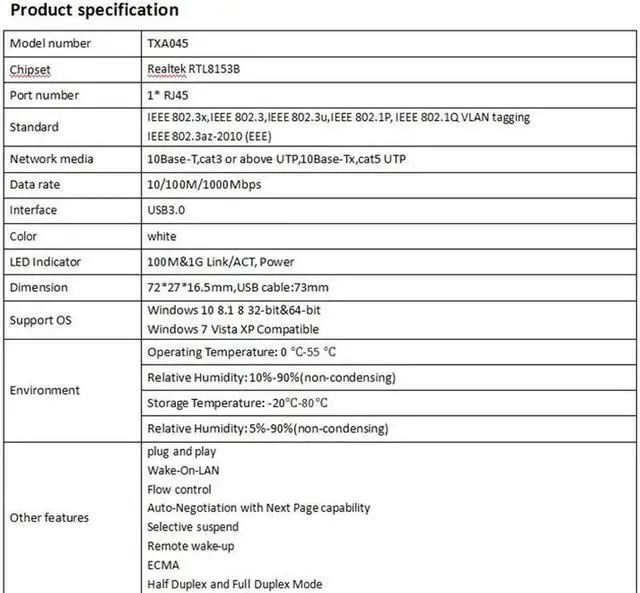 Alt view image 3 of 6 - USB 3.0 to RJ45 Network Card Lan Adapter 10/100/1000 Mbps Ethernet Adapter Realtek RTL8153 For Tablet PC Win 7 8 10 XP