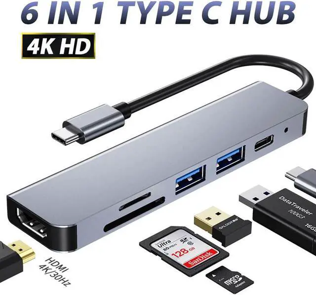 Main image of Type-C Usb Hub 6 In 1 Usb3.0 Otg Adapter 2 Usb C HDMI-compatible Tf Sd Solt Pd Charger Splitter for Macbook Laptops Usbc Hub