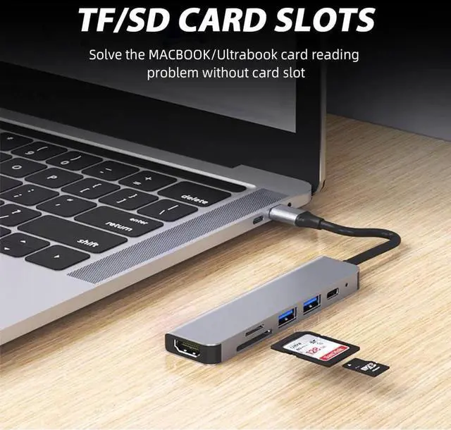 Alt view image 4 of 7 - Type-C Usb Hub 6 In 1 Usb3.0 Otg Adapter 2 Usb C HDMI-compatible Tf Sd Solt Pd Charger Splitter for Macbook Laptops Usbc Hub