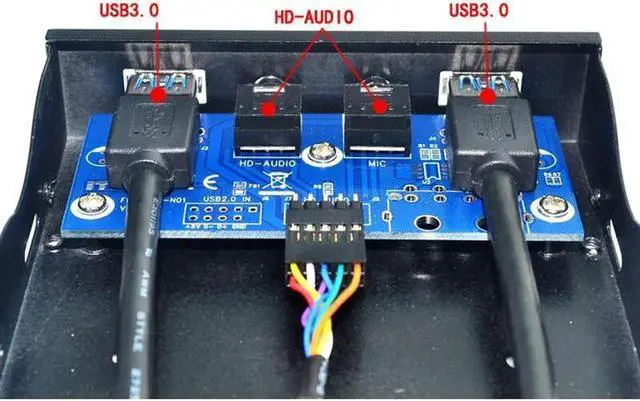 Alt view image 3 of 6 - 2 Port USB 3.0 Hub Splitter HD Audio 3.5mm Earphone Jack Mic Interface Front Panel Bracket Adapter for PC 20 Pin 3.5" Floppy Bay