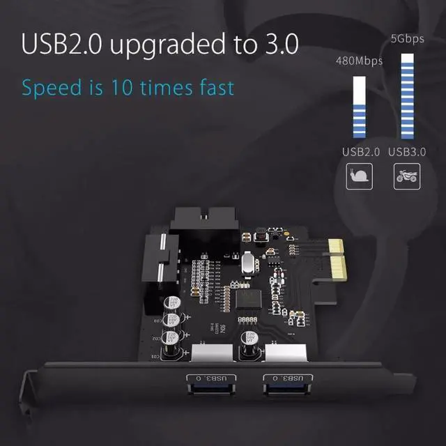 Alt view image 3 of 7 - 2 Port USB3.0 PCI-E Expansion Card Adapter PCI-E to 2 Port USB 3.0 HUB Controller Adapter Card with 19 Pin Power Supply PCI-E Extender Card