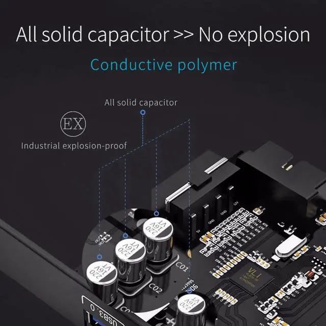 Alt view image 7 of 7 - 2 Port USB3.0 PCI-E Expansion Card Adapter PCI-E to 2 Port USB 3.0 HUB Controller Adapter Card with 19 Pin Power Supply PCI-E Extender Card