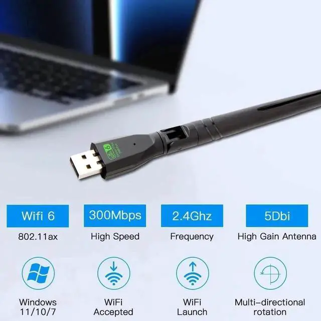 Alt view image 5 of 7 - 300Mbps WiFi6 USB Adapter 2.4Ghz Network Card Antenna Wifi6 USB Dongle 802.11ax Wireless WiFi Receiver For PC Laptop Driver Free