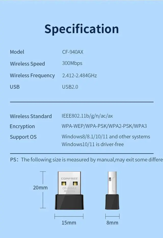 Alt view image 7 of 7 - AX300 WiFi6 Mini Adapter 2.4G 300Mbps Network Card 802.11ax USB WiFi6 Dongle Driver Free WPA3 for PC/Laptop Win 8/10/11