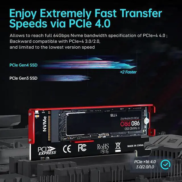 Alt view image 5 of 7 - M.2 NVME To PCIE 4.0 X16 Adapter, pcie x16 Gen4 Expansion Card with Aluminum Heatsink Case, For Samsung 980 PRO, 970 EVO