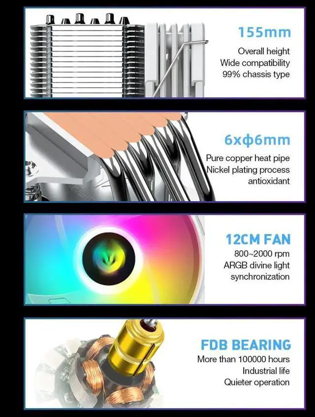 Alt view image 2 of 7 - AS600 6 Heat Pipes CPU Cooler Fan Radiator 4 Pin PWM 5V 3PIN ARGB AURA SYNC CPU Cooling Fan For Intel LGA1700 AM5