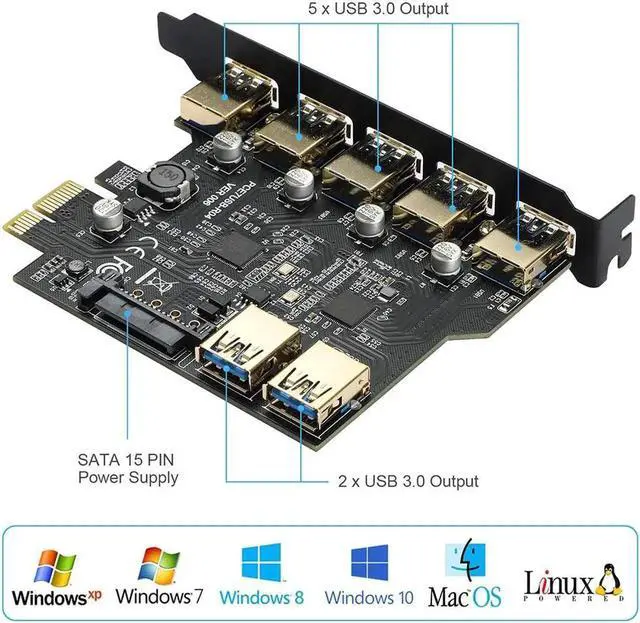 Alt view image 4 of 6 - SuperSpeed USB 3.0 7 Port PCI-E Express card with a 15pin SATA Power Connector PCIE Adapter NEC720201 and GL3510 chipsets