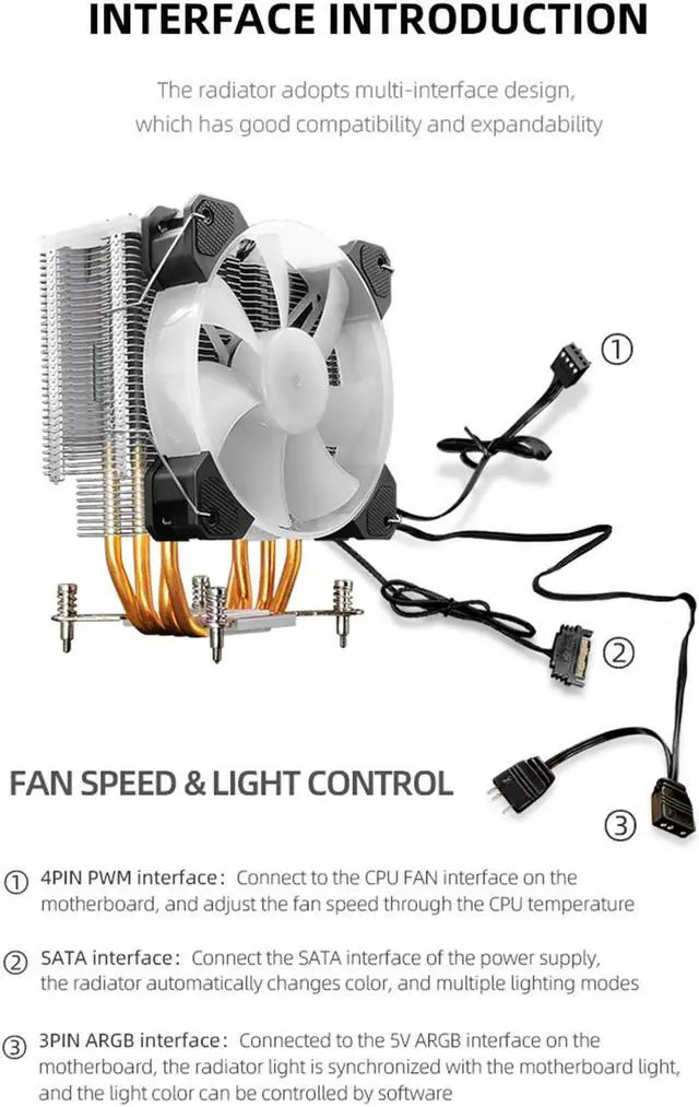 Alt view image 4 of 7 - 4 Copper Heat Pipe 5V 3Pin ARGB CPU Cooler Cooling Fan Radiator TDP 125W Heatsink for i7 i5 i3 AM4 LGA115X 1366