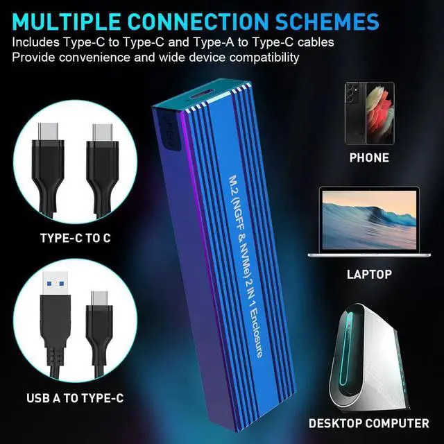 Alt view image 7 of 7 - M.2 to USB 3.1 SSD Case Dual Protocol M.2 NVME PCIe NGFF SATA M2 SSD Adapter for 2230 2242 2260 2280 NVMe/SATA M.2 SSD RTL9210B