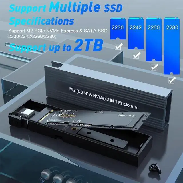 Alt view image 2 of 7 - M.2 to USB 3.1 SSD Case Dual Protocol M.2 NVME PCIe NGFF SATA M2 SSD Adapter for 2230 2242 2260 2280 NVMe/SATA M.2 SSD RTL9210B