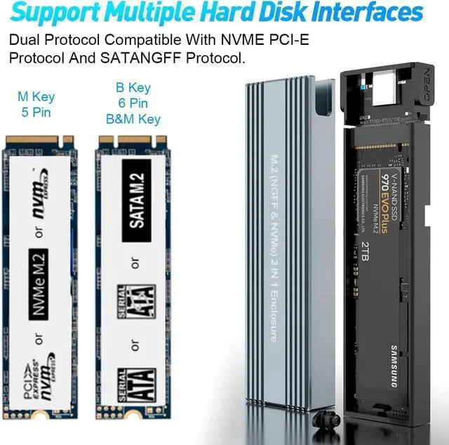 Alt view image 5 of 7 - M.2 to USB 3.1 SSD Case Dual Protocol M.2 NVME PCIe NGFF SATA M2 SSD Adapter for 2230 2242 2260 2280 NVMe/SATA M.2 SSD RTL9210B