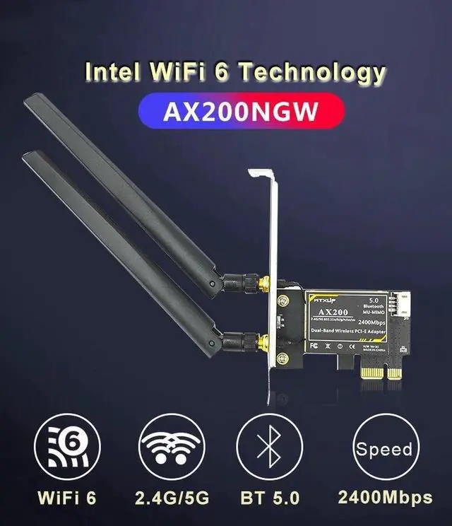 Alt view image 7 of 7 - ax200 Bluetooth 5.0 dual band 2.4Gps 6th generation ax technology MU-MIMO Desktop PCIE 1X wifi card for Intel AX200NGW