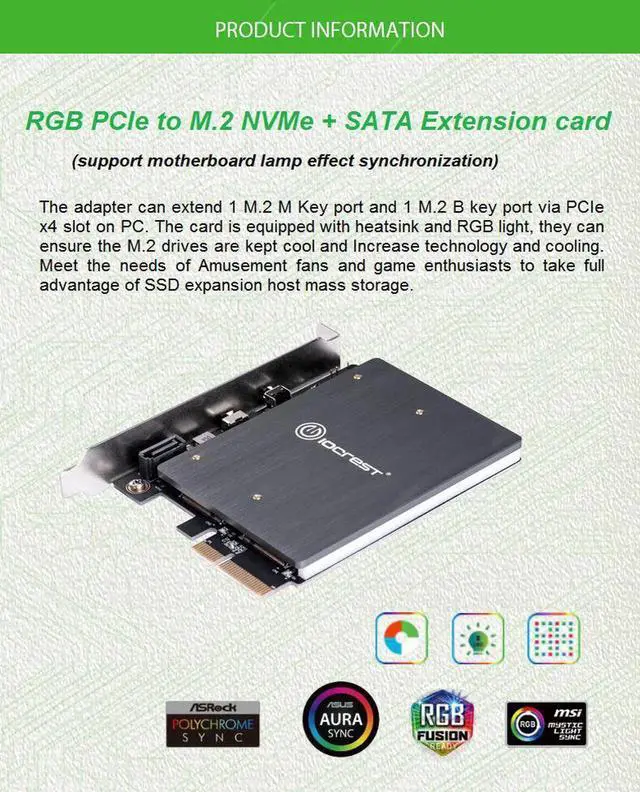Alt view image 3 of 7 - PCIE TO NVME MKEY card With 5V RGB LED PCIE to M2 NVME SSD Adapter PCI Express x4 Card B Key and M Key Port