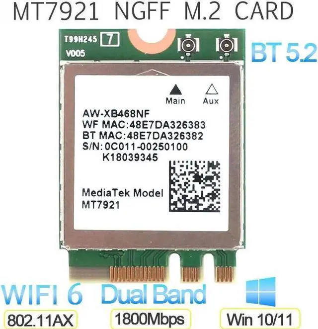 Main image of Wi-Fi 6 MediaTek MT7921k MT7921 1800M Bluetooth 5.2 desktop / notebook wireless wifi network card supports windows10 / 11