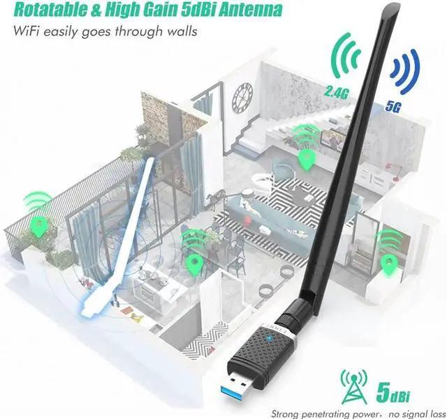 Alt view image 2 of 7 - 1300Mbps USB Wifi Adapter 2.4GHz/5GHz Band Wirelss RTL8812BU Network Card 5dBi Strong Antenna USB WiFi Dongle For PC Mac