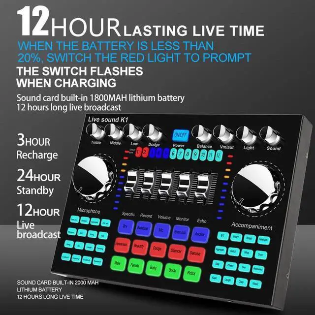 Alt view image 6 of 7 - K1 Computer Phone Voice Changer HIFI Live Sound Card Mixer Board Streaming Audio Bluetooth 5.0 Universal