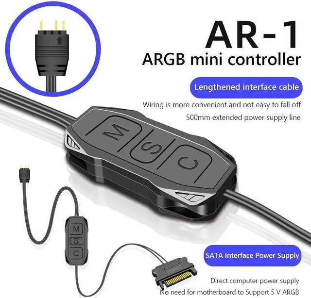 Alt view image 2 of 7 - AR-1 RGB Controller Cable 5V 3 Pin 3pin to SATA ARGB Mini Controller HUB Adapter for PC Fan Cooling Fan Light Strip